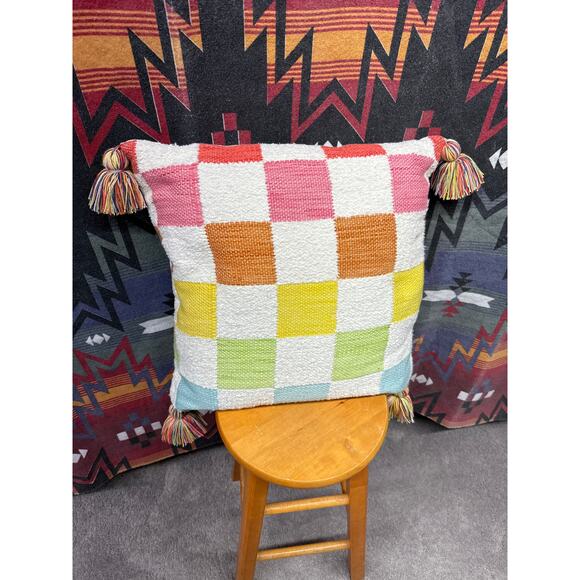 Rainbow Plush Soft Checkerboard Large Accent Pillow Tassel 19” square Home Decor - Picture 2 of 6